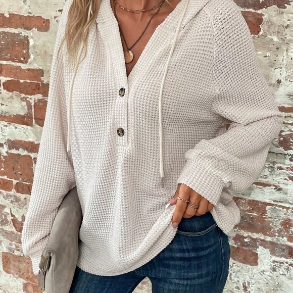 Apricot Casual Womens Half Button Raglan Sleeve Drawstring Hoodie - Picture 4 of 5